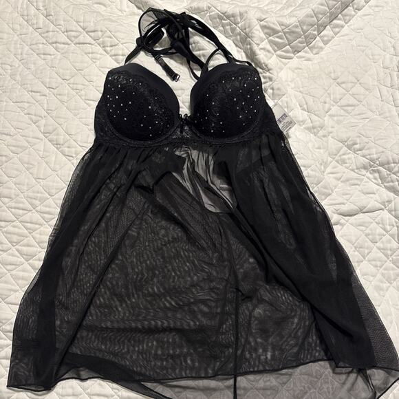 Sears Babydoll & Thong Set Lingerie Vintage Black New Sexy Large - Picture 1 of 7